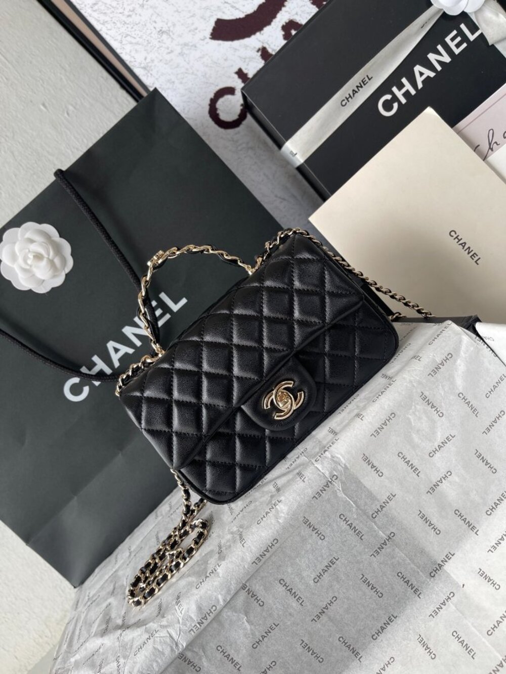 CHANEL Lambskin Mini Flap Gold Ball Crossbody Bag Black - Picture 2 of 8